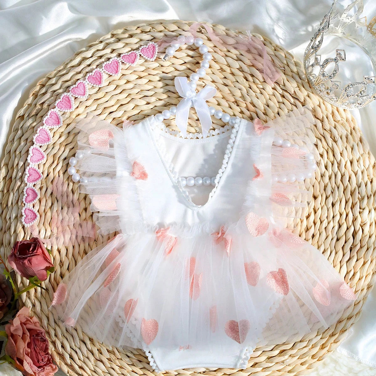 Girl Photography Outfits Red Heart Embroidery Romper Dress with Headband Infant Photography Props
