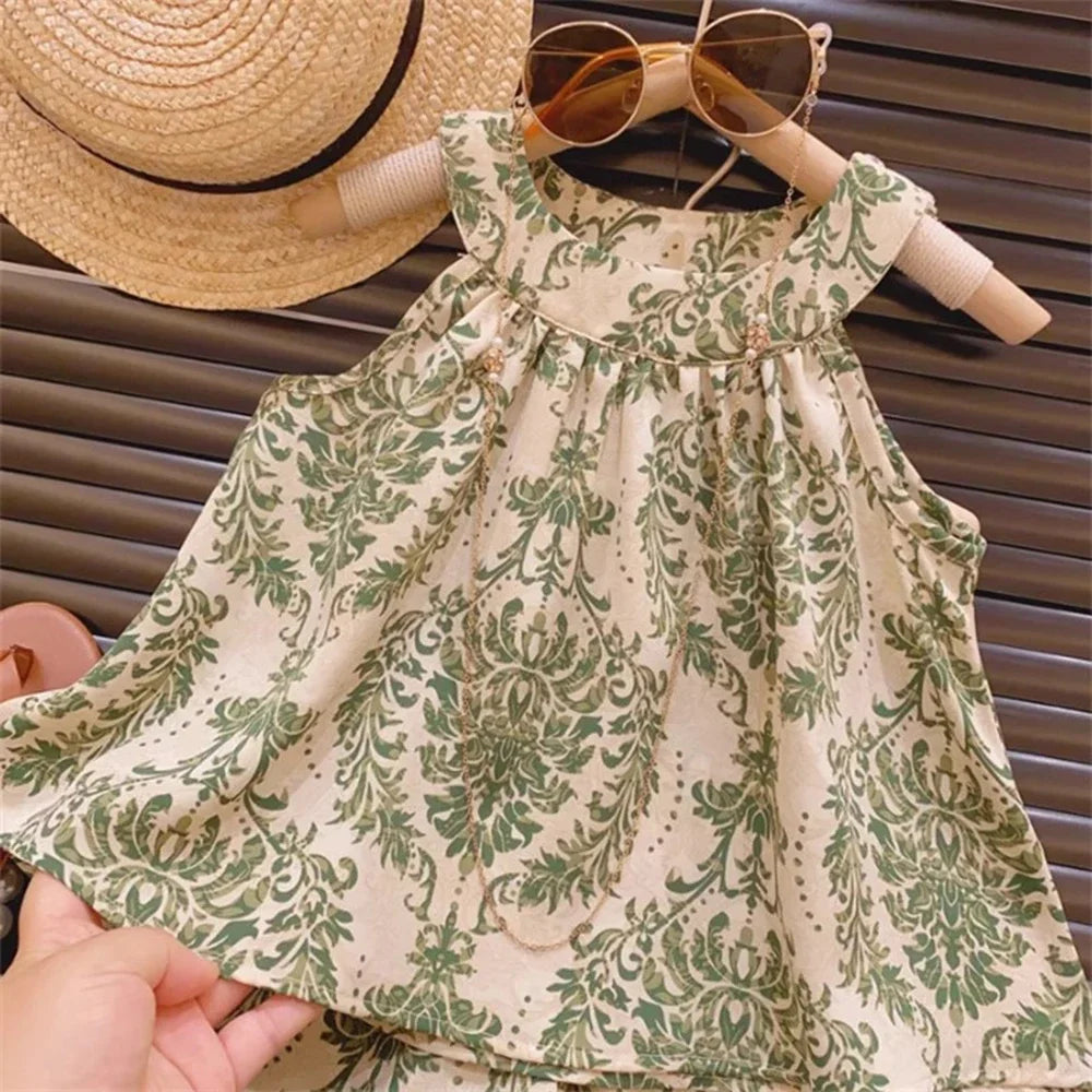 Floral Halterneck Sleeveless Suspender Set Girl Refreshing Shorts Two-Piece Set