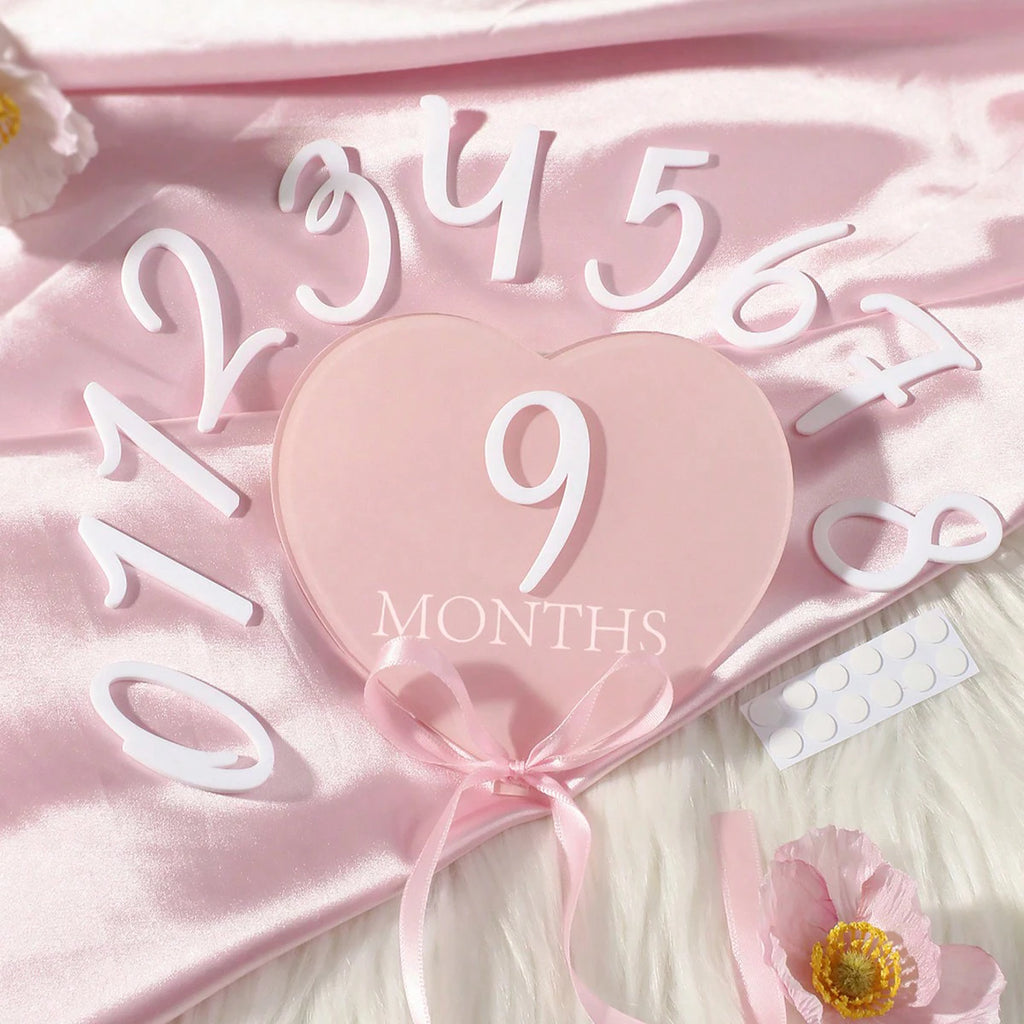 heart shaped pink baby monthly milestone signs pink ribbon newborn monthly photo props  matching with number 0-12