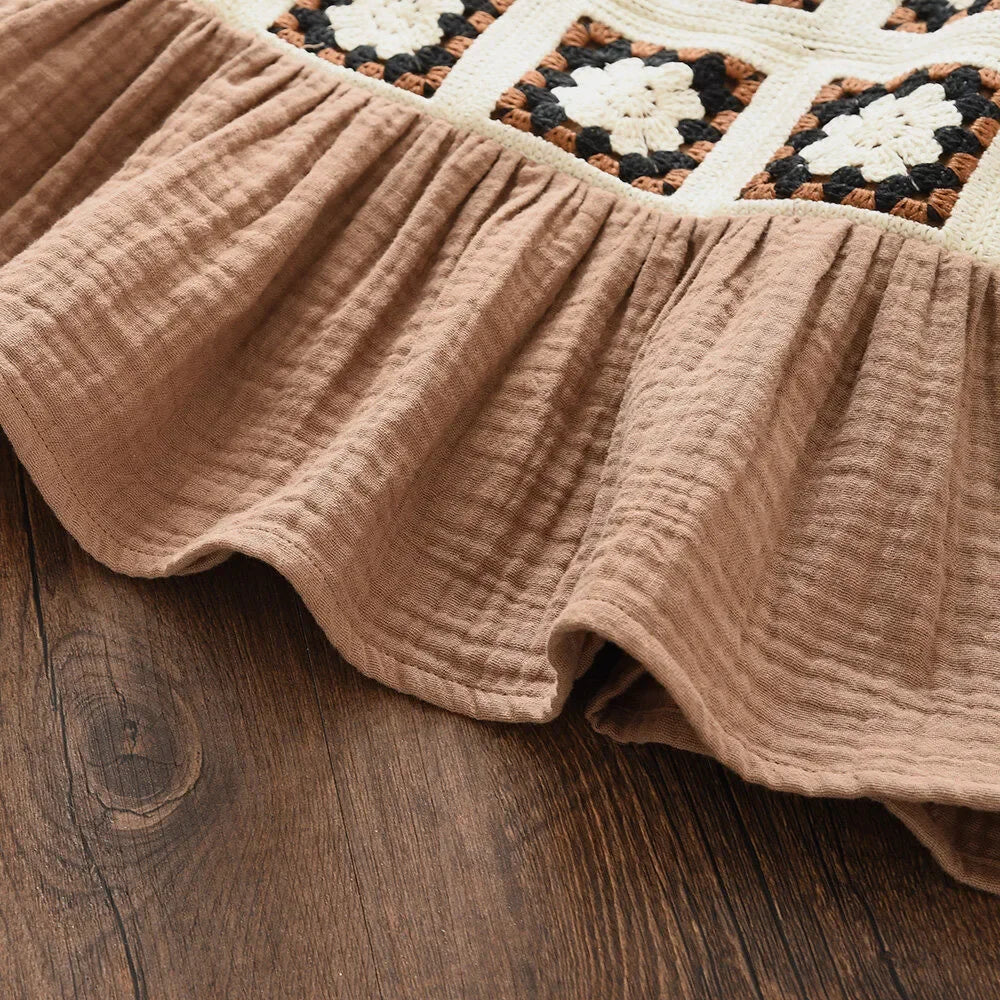 Girls Suit Summer Brown Retro Printed Plaid Camisole Top + Beige Pants Sweet Two-piece Set 3-7 Years Old