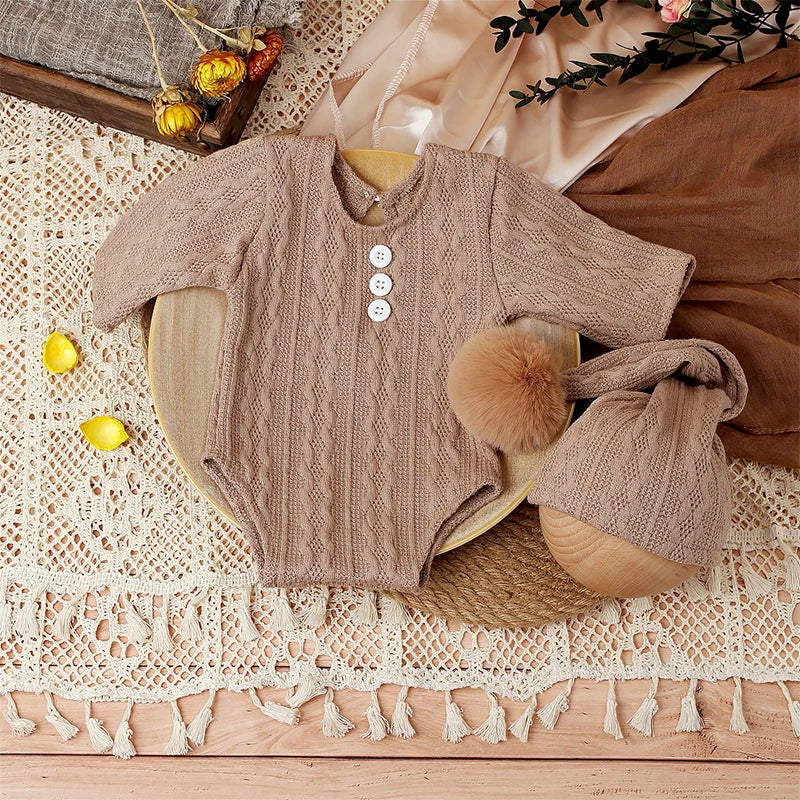 2 Pieces Set Newborn Photo Shooting Clothes Knitting Baby Boy Jumpsuit with Pompom Hat Infant Photography Props