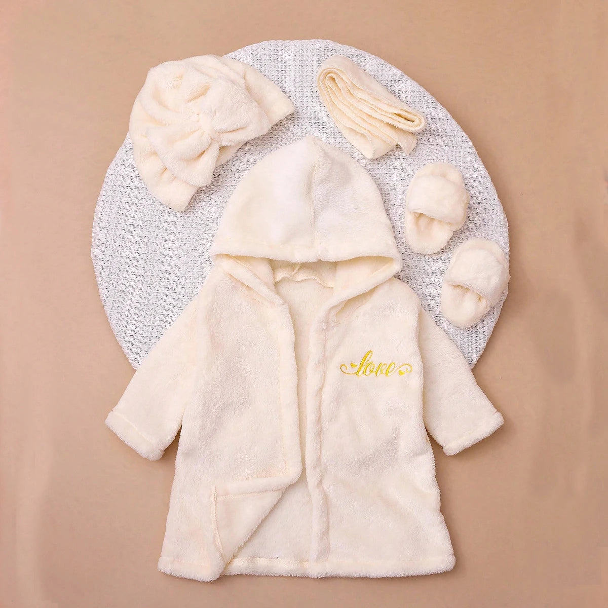 Newborn Photography Bathrobe with Turban Hat and Slippers Love Embroidery Baby Girl Pajama Gown Infant Photoshoot Outfit
