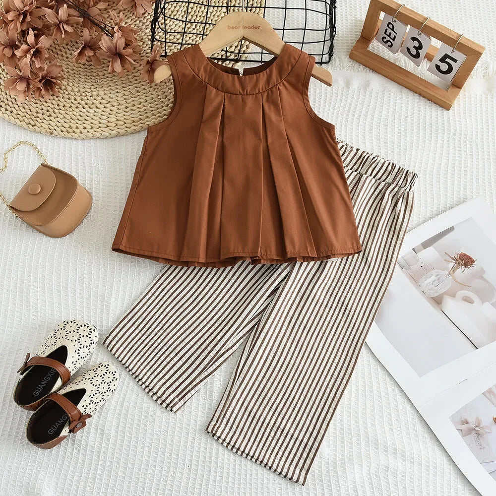 Vest+Striped Wide Leg Pants Summer Two-piece Set Daily Simple Sleeveless Children's Clothing for 3-7 Years Old
