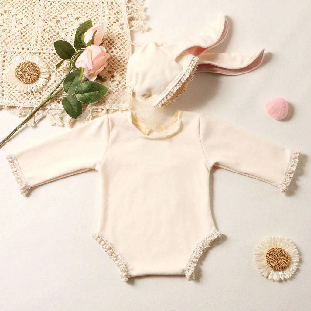 Newborn Outfits for Photo Shooting Long Sleeve Baby Bodysuit with Big Rabbit Ears Hat Infant Photography Clothes
