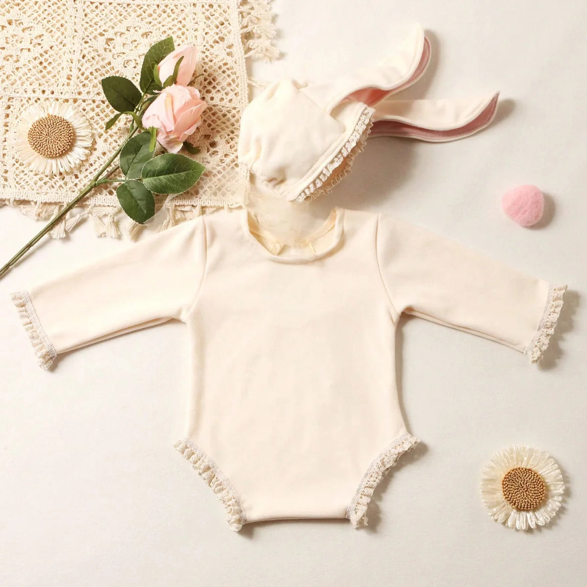 Newborn Outfits for Photo Shooting Long Sleeve Baby Bodysuit with Big Rabbit Ears Hat Infant Photography Clothes