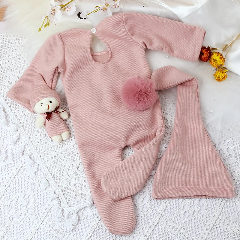 3 Pieces Set Newborn Jumpsuit Tail Pom Hat Set with Mini Doll Pink Baby Photography Outfit New born Girl Photo Props