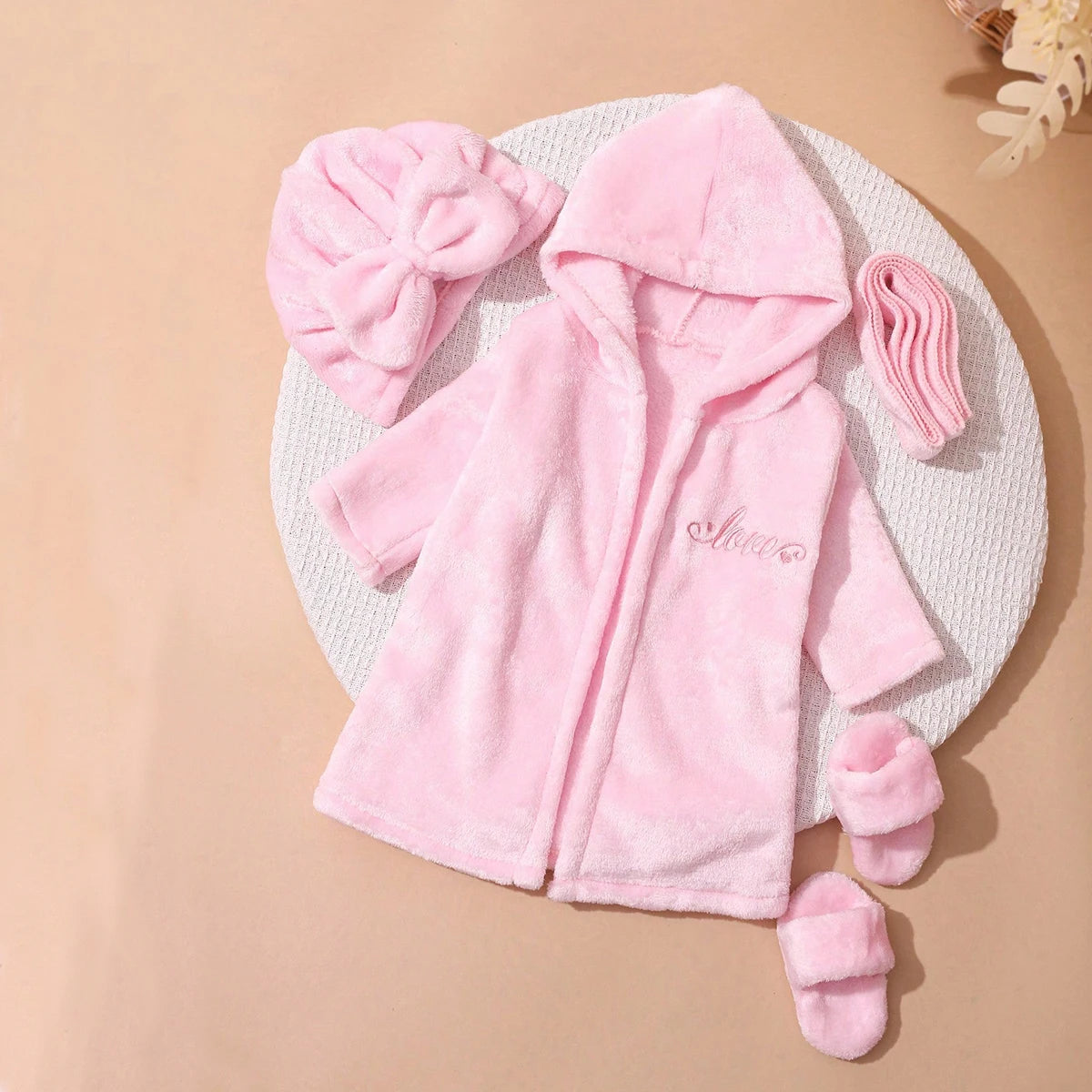 Newborn Photography Bathrobe with Turban Hat and Slippers Love Embroidery Baby Girl Pajama Gown Infant Photoshoot Outfit