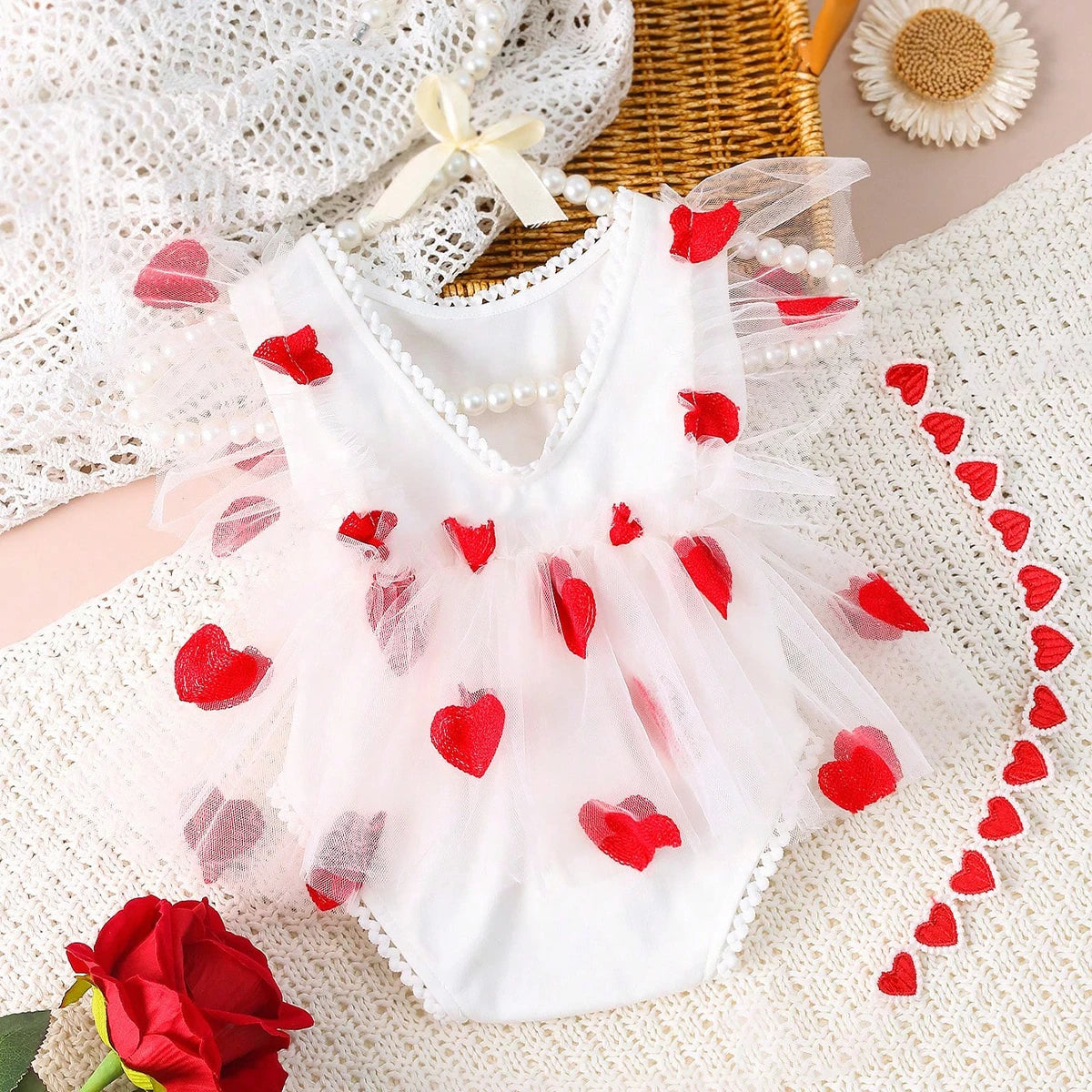 Girl Photography Outfits Red Heart Embroidery Romper Dress with Headband Infant Photography Props