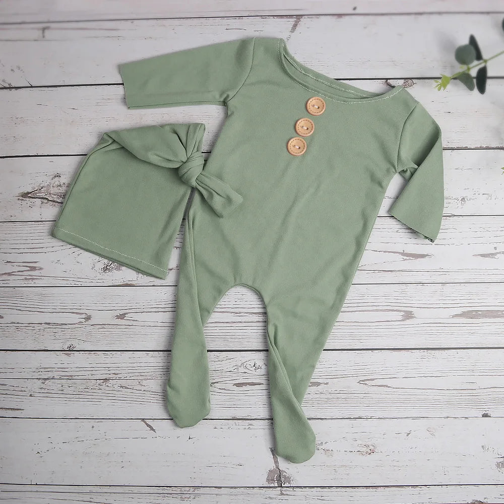 Newborn Photography Props Buttons Footed Jumpsuit with Sleepy Hat Infant Photo Props Pic Idea