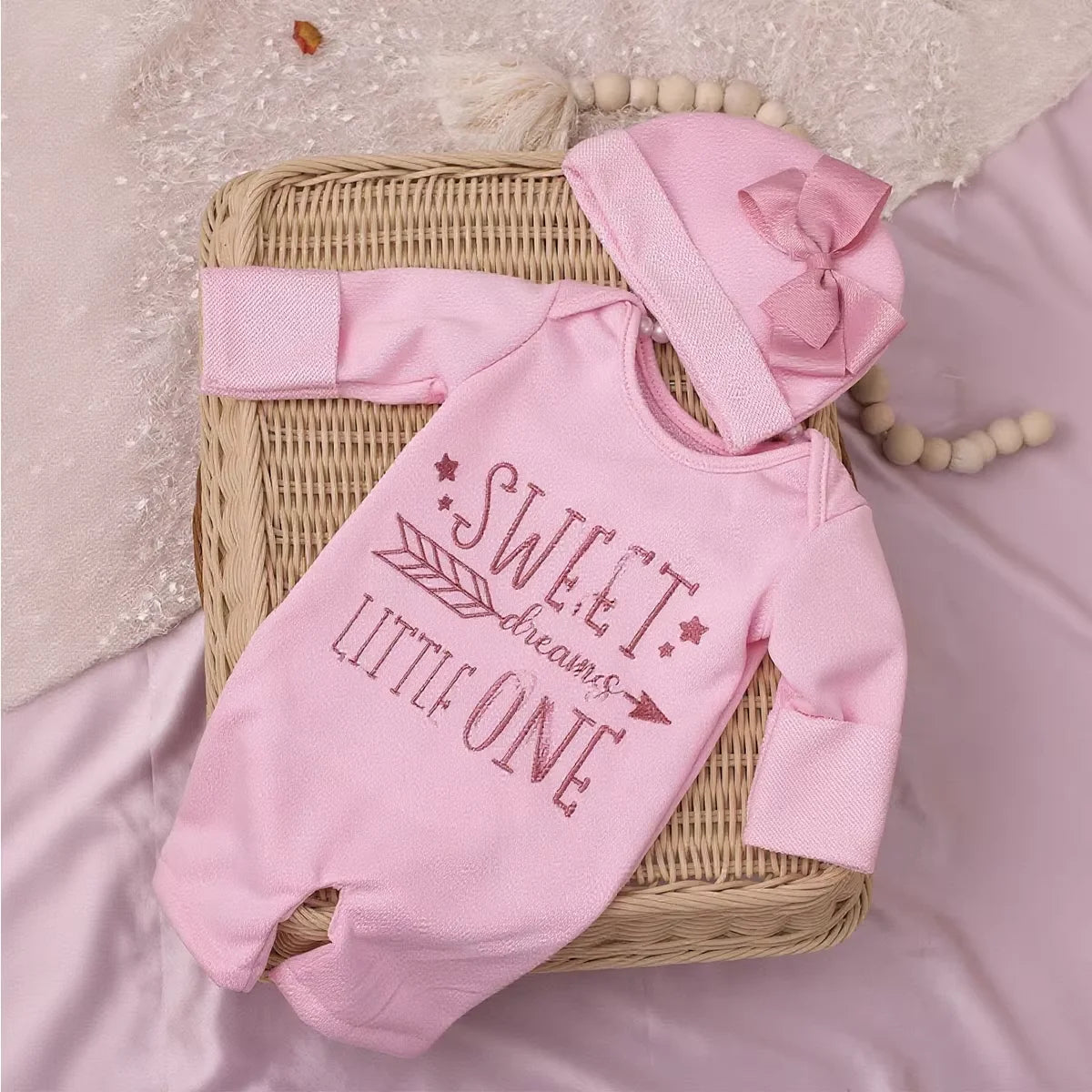 Newborn Photography Romper Jumpsuit with Bow Hat 'Hello World' Embroidery Infant Props for Coming Home Outfit Baby Gift