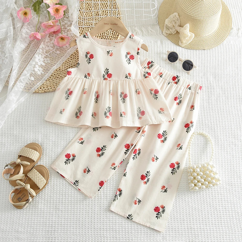 Baby Girl's Casual Clothing Round Neck Sleeveless Polka Dot Top+Wide Leg Pants Set with Bow and Botton 2PCS Set