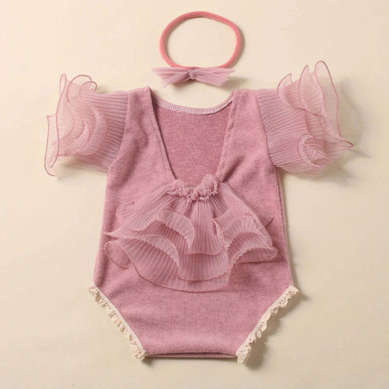 2 Pieces Set Beige Newborn Photography Costume Lace Romper Bow Headband Set Baby Girl Photo Shooting Outfits