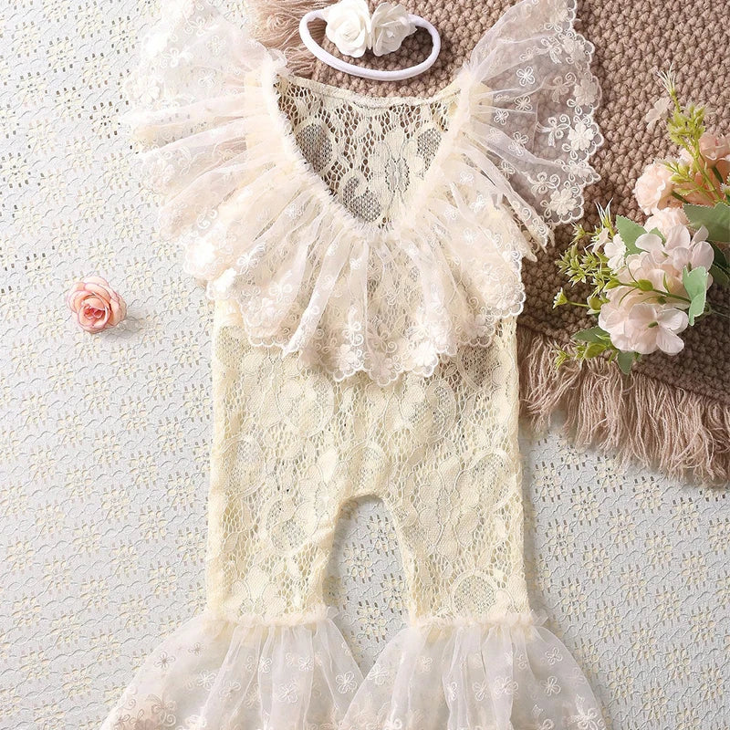 Newborn Lace Jumpsuit with Headband Baby Girl Photography Outfits Newborn Photo Shooting Clothes