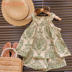 Floral Halterneck Sleeveless Suspender Set Girl Refreshing Shorts Two-Piece Set