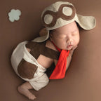 3 Pieces Set Newborn Boy Photography Outfit Infant Photo Props Shooting Overalls Aviator Glasses Cap with Red Scarf