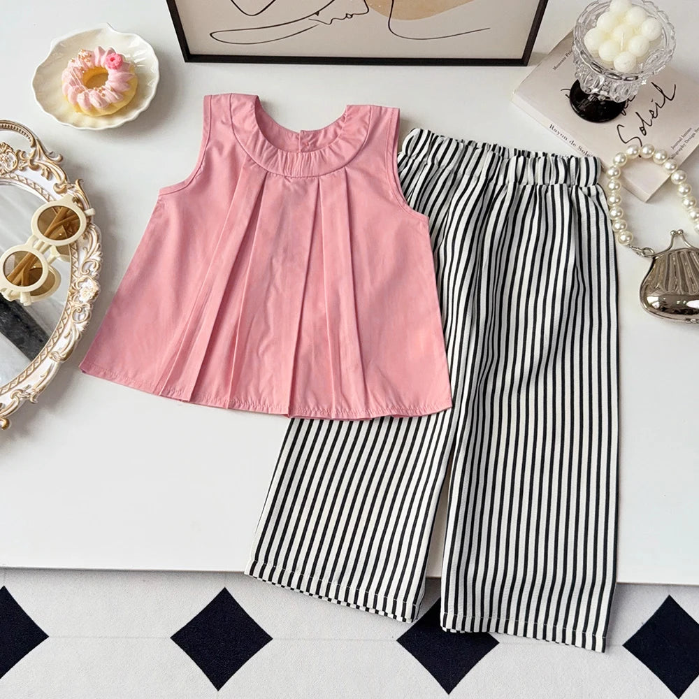 Vest+Striped Wide Leg Pants Summer Two-piece Set Daily Simple Sleeveless Children's Clothing for 3-7 Years Old
