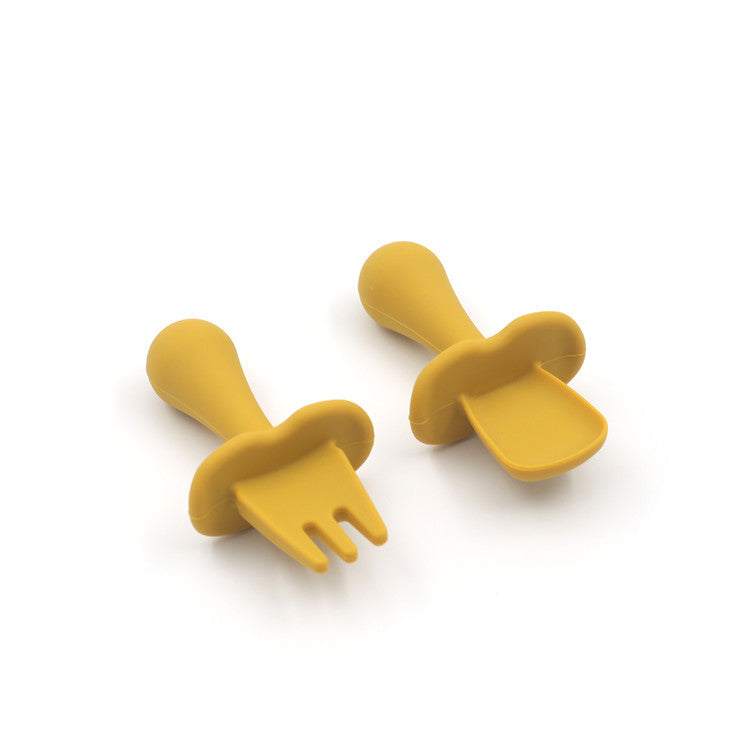 Juego de cuchara y tenedor de silicona con mango corto para niños